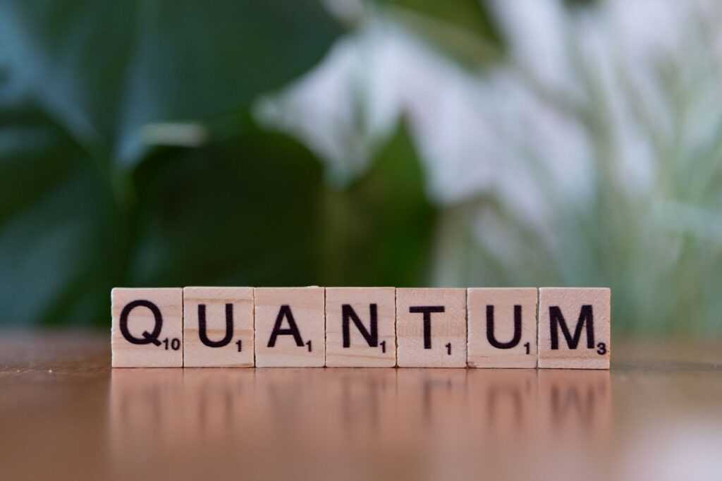 Creative depiction of 'quantum' using wooden letter blocks on a blurred natural background.